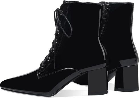 Women's Chunky Ankle Boots with Low Block Heel Fashion Leather Lace Up Pointed Toe Heeled Booties in Saudi Arabia