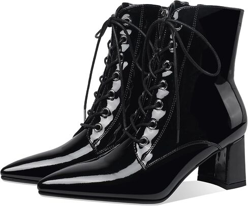 Women's Chunky Ankle Boots with Low Block Heel Fashion Leather Lace Up Pointed Toe Heeled Booties in Saudi Arabia