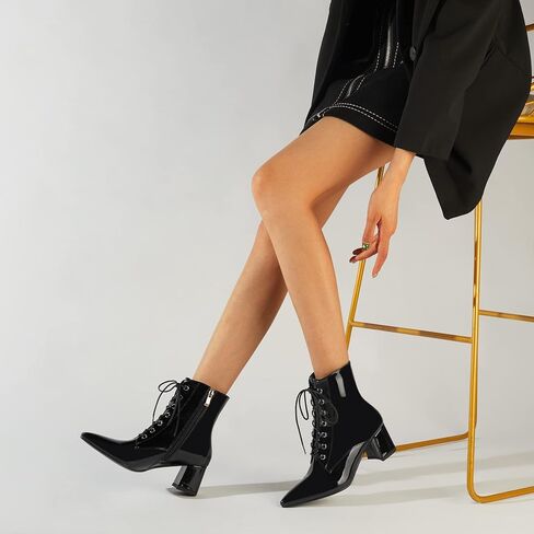 Women's Chunky Ankle Boots with Low Block Heel Fashion Leather Lace Up Pointed Toe Heeled Booties in Saudi Arabia