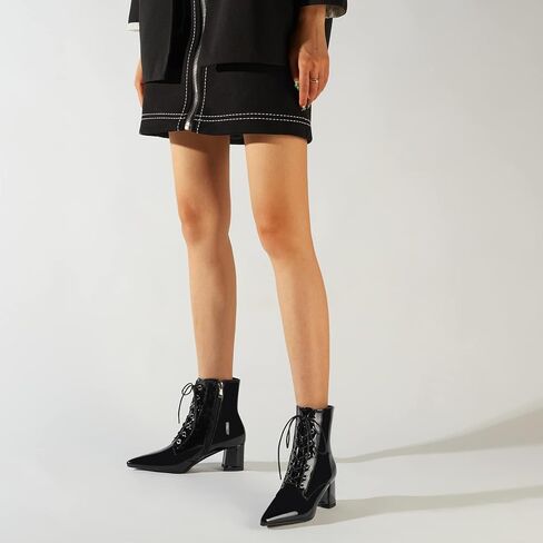 Women's Chunky Ankle Boots with Low Block Heel Fashion Leather Lace Up Pointed Toe Heeled Booties in Saudi Arabia