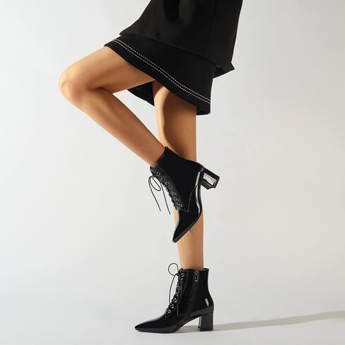 Women's Chunky Ankle Boots with Low Block Heel Fashion Leather Lace Up Pointed Toe Heeled Booties in Saudi Arabia
