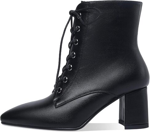 Women's Chunky Ankle Boots with Low Block Heel Fashion Leather Lace Up Pointed Toe Heeled Booties in Saudi Arabia