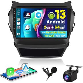 Android Car Stereo for Hyundai Santa Fe IX45 2013-2017 Radio 2+64GB 9 Inch Touchscreen Car Radio Wireless Carplay Android Auto Support GPS Navigation WiFi Bluetooth FM EQ Backup Camera