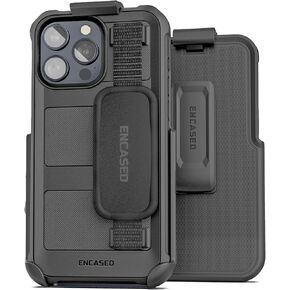 Encased Rugged Hand Strap Case for iPhone 15 with Belt Clip Holster - [Heavy Duty] Full-Body Phone Protection (Black)