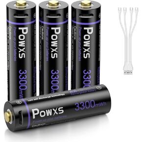 POWXS Rechargeable AA Lithium Batteries USB, 3300mWh Super Capacity 2H Fast Charging 1.5V Lithium Ion Double A Batteries with 2 in 1 Micro USB Cable
