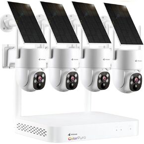 Kittyhok Solar Security Cameras Wireless Outdoor System | 4pcs 2K ColorPura PT Solar Security Camera, Pro Color Night Vision, Human Detection, 360 View, |10CH NVR, 60 Days Local Storage, 0 Monthly Fee