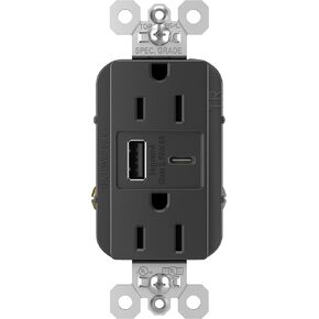 Legrand Pass & Seymour TR15USBAC6BK 15 Amp Tamper-Resistant Heavy-Duty Specification Grade Decorator Duplex Receptacle Outlet with Ultra Fast USB A/C 6.0A Charging Ports, Black (1 Count)