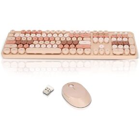 Wireless Keyboard and Mouse Combo,104 Keys Ergonomic Cute Desktop Game Keyboard and Mouse Sets for Girls for Home Office Work Gaming,Valentine's Birthday Gift (milk tea)