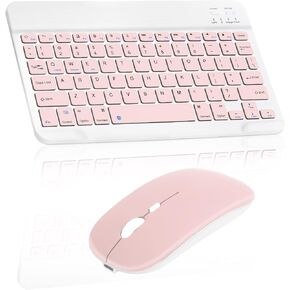 Rechargeable Bluetooth Keyboard and Mouse Combo Ultra Slim for Samsung Galaxy Tab S6 Lite and All Bluetooth Enabled Android/PC-Baby Pink Keyboard with Baby Pink RGB LED Mouse