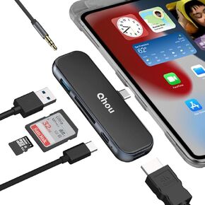 USB C Hub for iPad Pro, 6 in 1 USB C Adapter 4K HDMI Dual Display for iPad Pro 2021 2020 12.9/11'', iPad Air 5/4 Dongle, USB 3.0 Port, SD/TF Card Reader, 100W PD Fast Charging, Headphone Jack