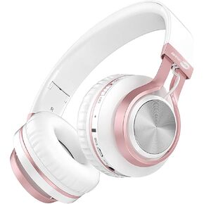 BASEMAN Wireless Over Ear Headphones, Long Battery Life Deep Bass Bluetooth Headphones with Microphone Wireless and Wired Headset for Computer iPhone Teens Girls Women School Travel - White Rose Gold