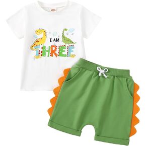 Toddler Baby Boy Girl Birthday Outfit Dinosaur Short Sleeve Romper/Shirt Shorts Set 1st-3rd Birthday Outfit