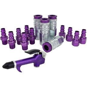 طقم ملحقات ضاغط الهواء COLORFIT® من Milton® HIGHFLOWPRO®، 1/4 بوصة NPT، طقم فوهة هواء على شكل حرف V، أرجواني - 15 قطعة