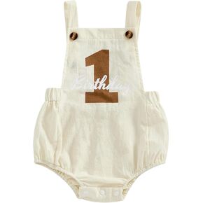 Baby Boy Girl 1st Birthday Outfit First Birthday Romper Solid Color Linen Cotton Bodysuit Jumpsuit Cake Smash Outfit