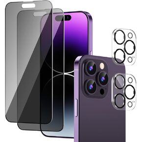 2 Pack Privacy Screen Protector 6.1 Inch Display for iPhone 14 Pro + 2 Pack Camera Lens Protector, Sensor Protection, Dynamic Island Compatible, Slippery No Fingerprint HD privacy screen