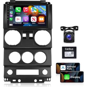 [2G+64G] Car Radio for Jeep Wrangler 2007 2008 2009 2010 (2 Door), 9 inches Android 13 Touch Screen Stereo, Carplay/Android Auto/Hi-Fi/1080P/Bluetooth/SWC +AHD Backup Camera+MIC