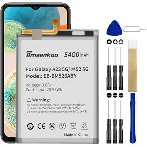 Upgraded 5400mAh Replacement Battery EB-BM526ABY for Samsung Galaxy A23 5G/ M52 5G SM-M526 SM-A236 Battery with Repair Tool Kits