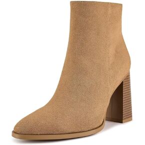 wetkiss Boots for Women Chunky Heel Ankle Booties with Pointed Toe Side Zipper