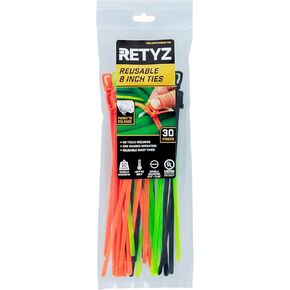 8 Inch MultiPack Releasable, Reusable, One-Handed, Tool-Free, Patented Cable Tie and Zip Tie Solution RTZ-MBA01-MA - 30 Pack of Black, Orange, Green
