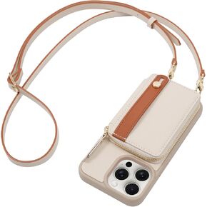 LAMEEKU for iPhone 14 Pro Max Wallet Case with Card Holder, Zipper Leather Crossbody Case with Kickstand Lanyard for Women, Cover with Phone Grip Holder Stand for Apple iPhone 14 Pro Max 6.7" Beige
