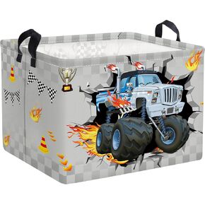 Clastyle 36L Grey Sport 3D Racing Car Boy Room Basket Racing Flag Monster Truck Toy Book Shelf Basket Large Rectangle Collapsible Dirty Clothes Storage Basket