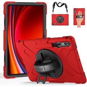 SUPFIVES Case for Galaxy Tab S9 Ultra 14.6 inch 2023, Tablet S8 Ultra 2022 Upgraded Military Liquid Silicone 3 Layers Protection with+Handle+ Rotating Stand+ S-Pen Holder+ Shoulder Strap- Black