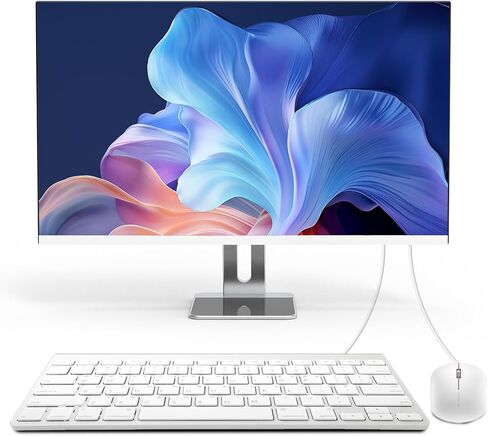 كمبيوتر مكتبي الكل في واحد، 24 بوصة FHD N5095 8 جيجابايت رام، 512 جيجابايت SSD، رباعي النواة ويندوز 11، لوحة مفاتيح وماوس سلكية، مكبر صوت RGB، أبيض (N5095-8G-512G) in Kuwait