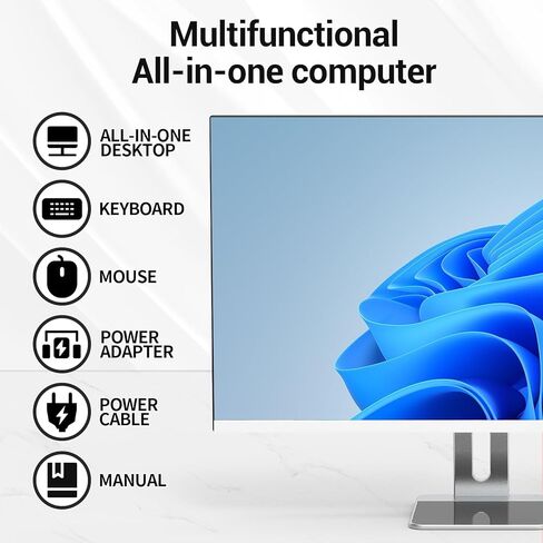 كمبيوتر مكتبي الكل في واحد، 24 بوصة FHD N5095 8 جيجابايت رام، 512 جيجابايت SSD، رباعي النواة ويندوز 11، لوحة مفاتيح وماوس سلكية، مكبر صوت RGB، أبيض (N5095-8G-512G) in Kuwait