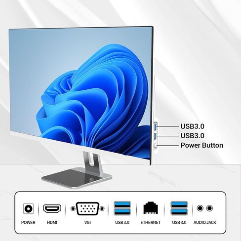 كمبيوتر مكتبي الكل في واحد، 24 بوصة FHD N5095 8 جيجابايت رام، 512 جيجابايت SSD، رباعي النواة ويندوز 11، لوحة مفاتيح وماوس سلكية، مكبر صوت RGB، أبيض (N5095-8G-512G) in Kuwait