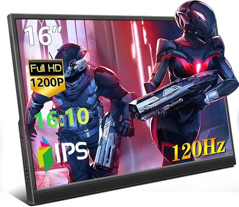 شاشة محمولة 120 هرتز 16 بوصة 1200 بكسل IPS Full HD HDMI Type-C شاشة ألعاب كمبيوتر محمول مدمجة ومكبرات صوت مدمجة وحامل ثلاثي القوائم خارجي رفيع وشاشة سفر لهاتف Mac PS4/PS5/Xbox شاشة الألعاب in Kuwait