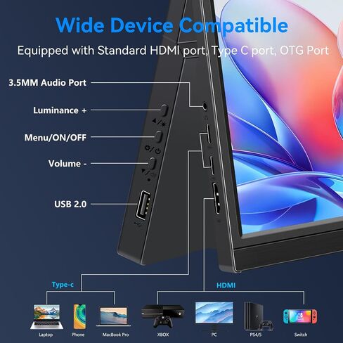 شاشة محمولة 120 هرتز 16 بوصة 1200 بكسل IPS Full HD HDMI Type-C شاشة ألعاب كمبيوتر محمول مدمجة ومكبرات صوت مدمجة وحامل ثلاثي القوائم خارجي رفيع وشاشة سفر لهاتف Mac PS4/PS5/Xbox شاشة الألعاب in Kuwait