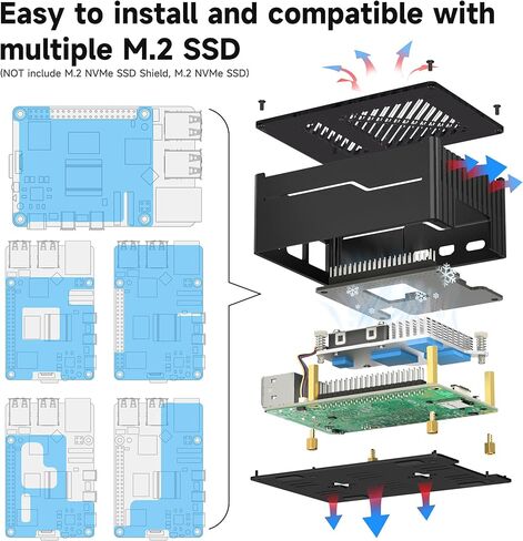 حافظة معدنية Miuzei لجهاز Raspberry Pi 5 مع مبرد نشط رسمي Pi 5 لـ Raspberry Pi 5 4GB/8GB، تدعم اللوحة الطرفية PCIe X1000/X1001/X1003/N04/N05 (شفاف) in Kuwait