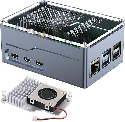 حافظة معدنية Miuzei لجهاز Raspberry Pi 5 مع مبرد نشط رسمي Pi 5 لـ Raspberry Pi 5 4GB/8GB، تدعم اللوحة الطرفية PCIe X1000/X1001/X1003/N04/N05 (شفاف) in Saudi Arabia