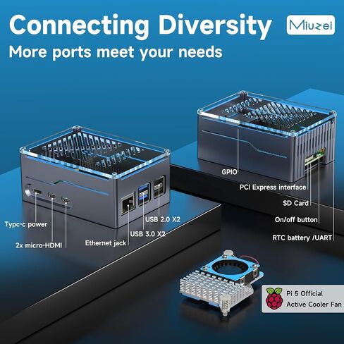 حافظة معدنية Miuzei لجهاز Raspberry Pi 5 مع مبرد نشط رسمي Pi 5 لـ Raspberry Pi 5 4GB/8GB، تدعم اللوحة الطرفية PCIe X1000/X1001/X1003/N04/N05 (شفاف) in Saudi Arabia