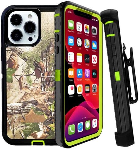 حافظة Defender مصممة لهاتف iPhone 14، حافظة حماية هجينة مقاومة للصدمات بتصميم طبقة مزدوجة وغطاء صلب مع مشبك حزام متوافق مع iPhone 14 (شجرة خضراء مموهة) in Saudi Arabia