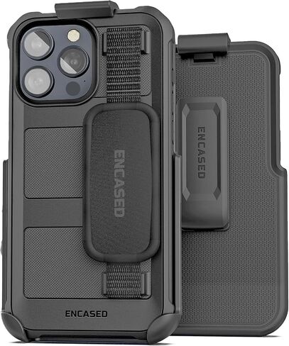 Encased Rugged Hand Strap Case for iPhone 15 with Belt Clip Holster - [Heavy Duty] Full-Body Phone Protection (Black) in Saudi Arabia