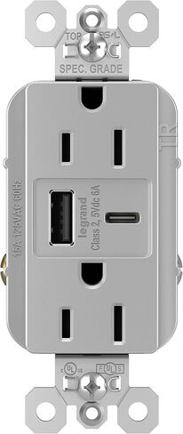 Legrand Pass & Seymour TR20USBAC6W 20 أمبير، مقاوم للعبث، مواصفات عالية التحمل، منفذ وعاء مزدوج للديكور مع منافذ شحن USB A/C 6.0A فائقة السرعة، أبيض (عدد واحد) in Saudi Arabia