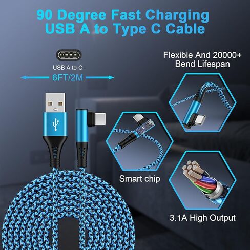 كابل شاحن سامسونج شحن سريع USB C Powe سلك 3.1A زاوية يمنى 3 حزمة/6FT USB A إلى USB C شاحن سلك مضفر لهاتف Samsung Galaxy S24 23 Ultra A54 A14 5G Z Flip 5 S22 S21 S20، Pixel 8 7a 7 Pro 6 6a in Kuwait