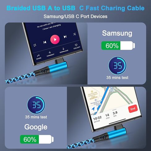 كابل شاحن سامسونج شحن سريع USB C Powe سلك 3.1A زاوية يمنى 3 حزمة/6FT USB A إلى USB C شاحن سلك مضفر لهاتف Samsung Galaxy S24 23 Ultra A54 A14 5G Z Flip 5 S22 S21 S20، Pixel 8 7a 7 Pro 6 6a in Kuwait