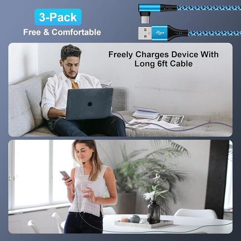 كابل شاحن سامسونج شحن سريع USB C Powe سلك 3.1A زاوية يمنى 3 حزمة/6FT USB A إلى USB C شاحن سلك مضفر لهاتف Samsung Galaxy S24 23 Ultra A54 A14 5G Z Flip 5 S22 S21 S20، Pixel 8 7a 7 Pro 6 6a in Kuwait