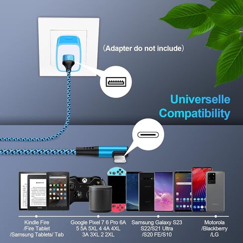 كابل شاحن سامسونج شحن سريع USB C Powe سلك 3.1A زاوية يمنى 3 حزمة/6FT USB A إلى USB C شاحن سلك مضفر لهاتف Samsung Galaxy S24 23 Ultra A54 A14 5G Z Flip 5 S22 S21 S20، Pixel 8 7a 7 Pro 6 6a in Kuwait