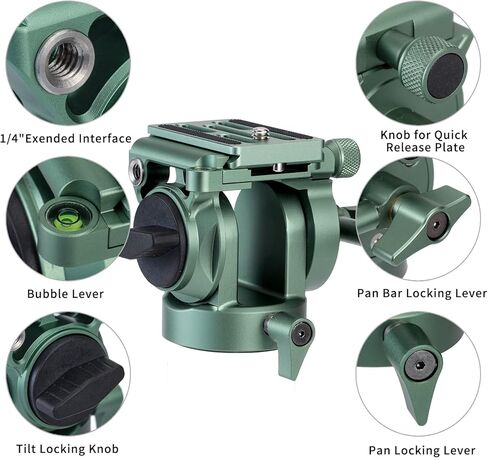 رأس فيديو Avella، رأس حامل ثلاثي مع لوحة إطلاق سريعة لـ Arca Swiss ورافعة قابلة للتعديل، لكاميرا Canon Nikon Sony Olympus Panasonic DSLR المدمجة - V502 Green in Kuwait