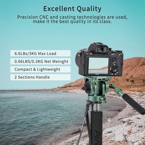 رأس فيديو Avella، رأس حامل ثلاثي مع لوحة إطلاق سريعة لـ Arca Swiss ورافعة قابلة للتعديل، لكاميرا Canon Nikon Sony Olympus Panasonic DSLR المدمجة - V502 Green in Kuwait