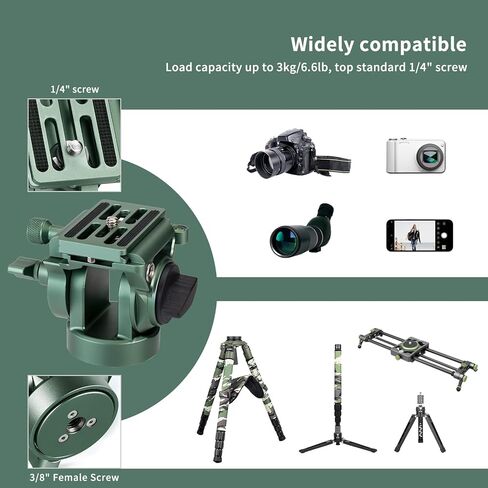 رأس فيديو Avella، رأس حامل ثلاثي مع لوحة إطلاق سريعة لـ Arca Swiss ورافعة قابلة للتعديل، لكاميرا Canon Nikon Sony Olympus Panasonic DSLR المدمجة - V502 Green in Kuwait