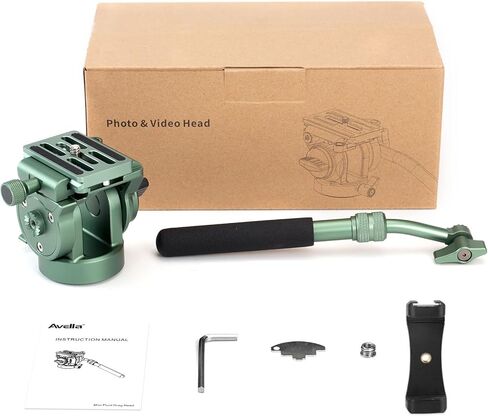 رأس فيديو Avella، رأس حامل ثلاثي مع لوحة إطلاق سريعة لـ Arca Swiss ورافعة قابلة للتعديل، لكاميرا Canon Nikon Sony Olympus Panasonic DSLR المدمجة - V502 Green in Kuwait