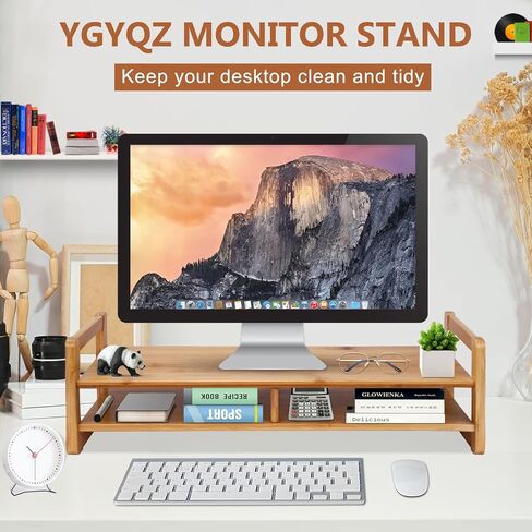 YGYQZ حامل شاشة الكمبيوتر المحمول للمكتب، رف مكتب من الخيزران بطبقتين، حامل سطح المكتب للكمبيوتر المحمول مع مقبض للكمبيوتر الشخصي والطابعة والكمبيوتر in Kuwait