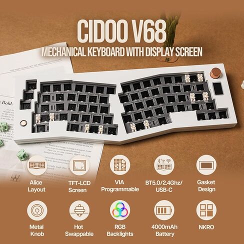 مجموعة لوحة مفاتيح الألعاب CIDOO V68 Alice Layout المصنوعة من الألومنيوم، مجموعة لوحة مفاتيح ميكانيكية حشية مع شاشة عرض TFT-LCD، قابلة للبرمجة عبر VIA، BT5.0/2.4 جيجا هرتز/USB-C مجموعة هيكلية مخصصة لنظام Win/Mac in Kuwait