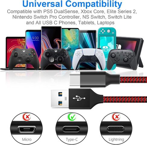 [2-Pack 10FT]Nylon Braided Type C Charger Cord Compatible with Samsung Galaxy S10 S9 S8 S20 Plus A51 A12 A11, Note 10 9 8, PS5 Controller/for Xbox Series X S Controller Charger(Red&White) in Saudi Arabia