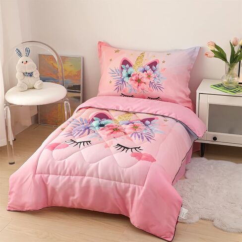 Toddler Bedding Set Pink Unicorn 4 Piece Standard Size Children Comforter Set Ultra Soft Includes Quilted Comforter, Fitted Sheet, Flat Sheet, and Pillow Case for Kids Girls, 28" x 52" in Saudi Arabia