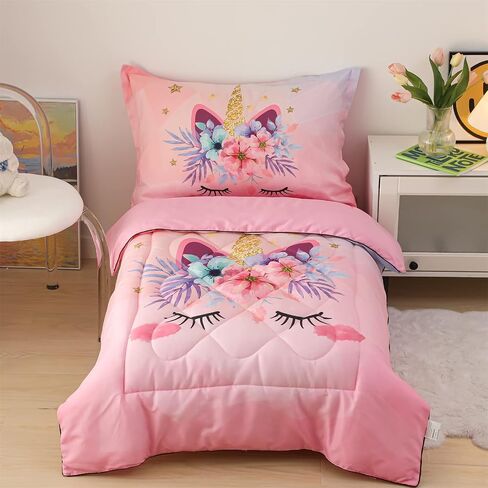 Toddler Bedding Set Pink Unicorn 4 Piece Standard Size Children Comforter Set Ultra Soft Includes Quilted Comforter, Fitted Sheet, Flat Sheet, and Pillow Case for Kids Girls, 28" x 52" in Saudi Arabia